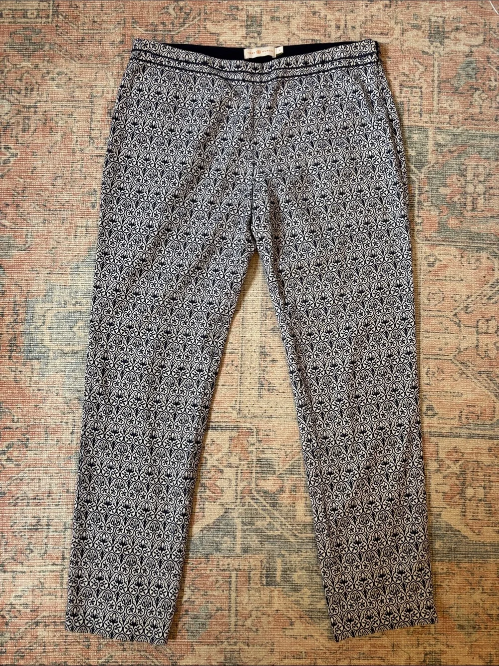 Tory Burch Navy and White Patterned Heidi Slim Fit Pants Size 4